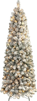 SHareconn 7.5ft Prelit Snow Flocked Artificial Hinged Slim Pencil Christmas Tree with Warm White Lights, Flocked Pencil Spruce Tree, Good Decoration Choice for Christmas Holiday, 7.5 FT, Flocked Green image 2