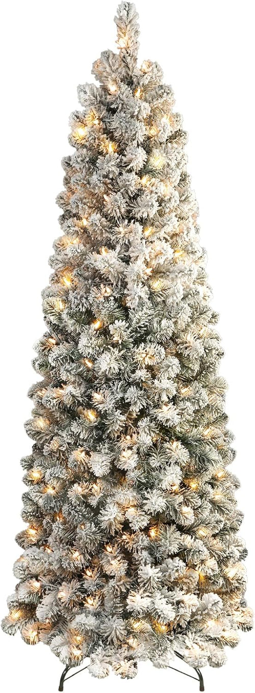 SHareconn 7.5ft Prelit Snow Flocked Artificial Hinged Slim Pencil Christmas Tree with Warm White Lights, Flocked Pencil Spruce Tree, Good Decoration Choice for Christmas Holiday, 7.5 FT, Flocked Green image 2