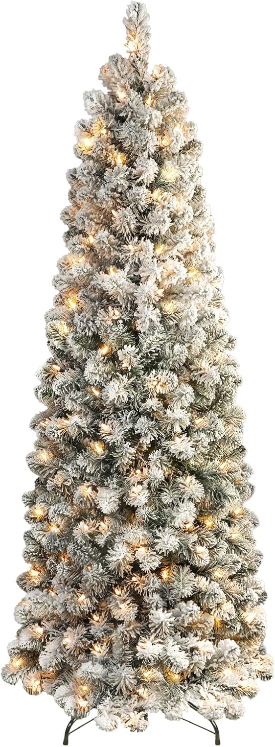 ShopNEW 7.5 ft Pre-Lit Snow Flocked Slim Pencil Christmas Tree - Flocked Green