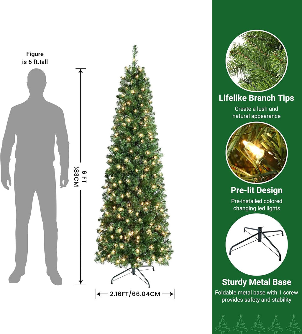 SHareconn 6ft Prelit Artificial Hinged Slim Pencil Christmas Tree with Warm White Lights, Full Branch Tips, Good Choice Decoration for Xmas Holiday, 6 FT, Green image 1