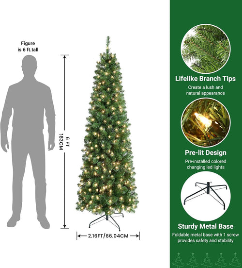 SHareconn 6ft Prelit Artificial Hinged Slim Pencil Christmas Tree with Warm White Lights, Full Branch Tips, Good Choice Decoration for Xmas Holiday, 6 FT, Green image 1
