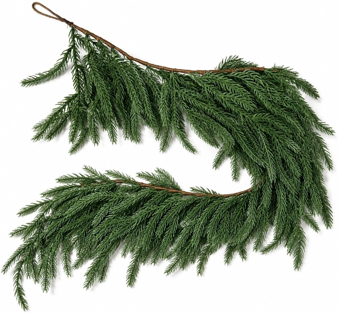 Close-up of green artificial Norfolk pine garland foliage, wrapped stem, and hanging loop.