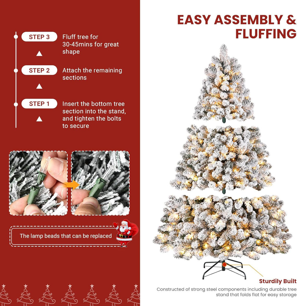 SHareconn 7.5ft Prelit Snow Flocked Spruce Artificial Christmas Tree with 350 Incandescent Warm White Lights, Foldable Stand, Snow Flocked Full Prelighted Xmas Tree W/1170 Branch Tips, 7.5 FT, White image 4