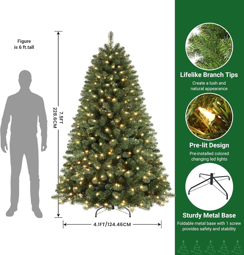 SHareconn 7.5ft Prelit Premium Artificial Classic Spruce Christmas Tree with Pre-lit 350 Warm White Lights, 1170 Branch Tips and Foldable Stand, Perfect Choice for Xmas Decoration, 7.5 Ft, Green image 1