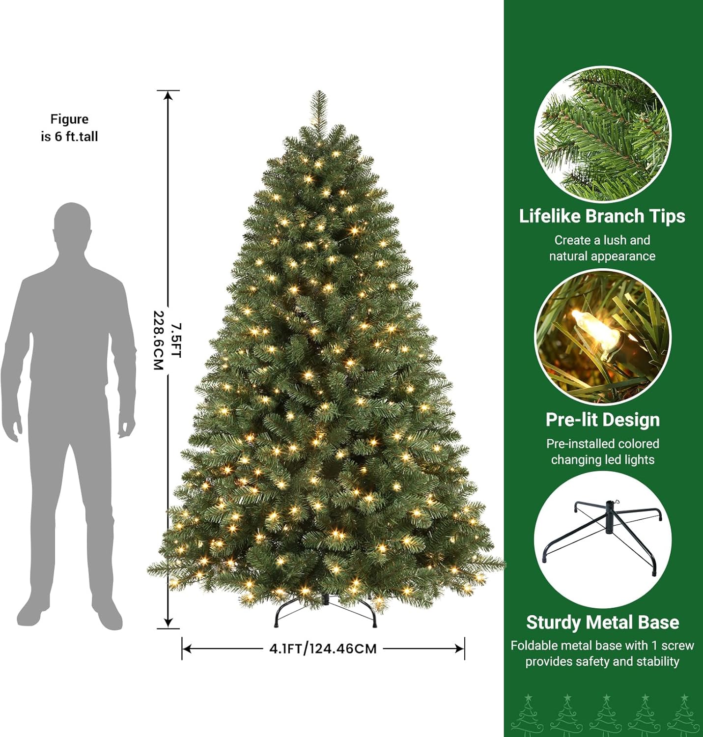 SHareconn 7.5ft Prelit Premium Artificial Classic Spruce Christmas Tree with Pre-lit 350 Warm White Lights, 1170 Branch Tips and Foldable Stand, Perfect Choice for Xmas Decoration, 7.5 Ft, Green image 1