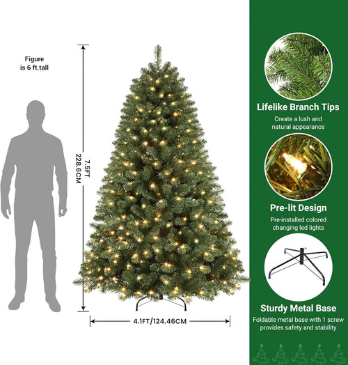 SHareconn 7.5ft Prelit Premium Artificial Classic Spruce Christmas Tree with Pre-lit 350 Warm White Lights, 1170 Branch Tips and Foldable Stand, Perfect Choice for Xmas Decoration, 7.5 Ft, Green image 1