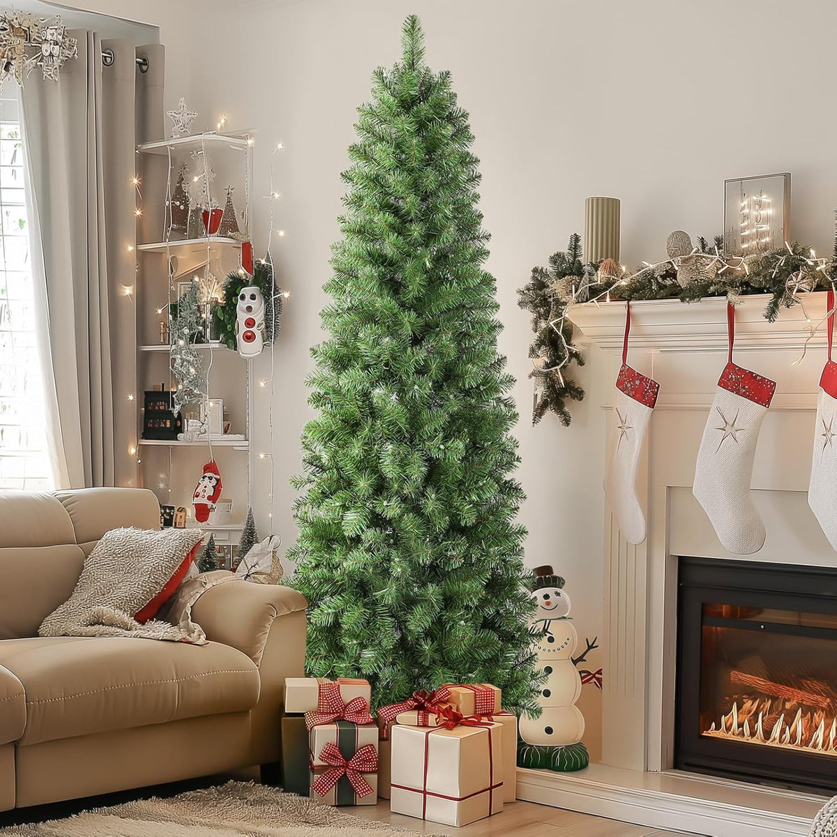 SHareconn 6ft Prelit Artificial Hinged Slim Pencil Christmas Tree with Warm White Lights, Full Branch Tips, Good Choice Decoration for Xmas Holiday, 6 FT, Green image 6