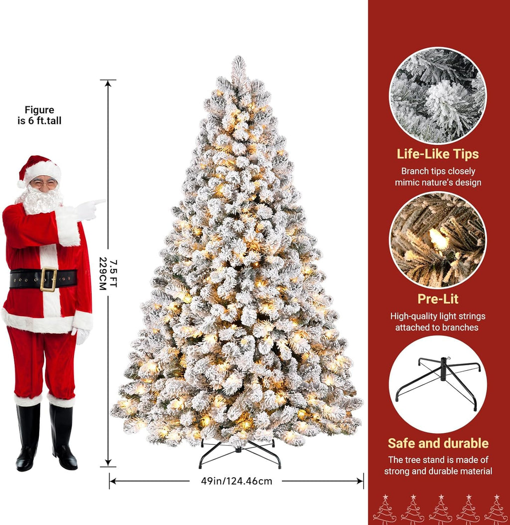SHareconn 7.5ft Prelit Snow Flocked Spruce Artificial Christmas Tree with 350 Incandescent Warm White Lights, Foldable Stand, Snow Flocked Full Prelighted Xmas Tree W/1170 Branch Tips, 7.5 FT, White image 1