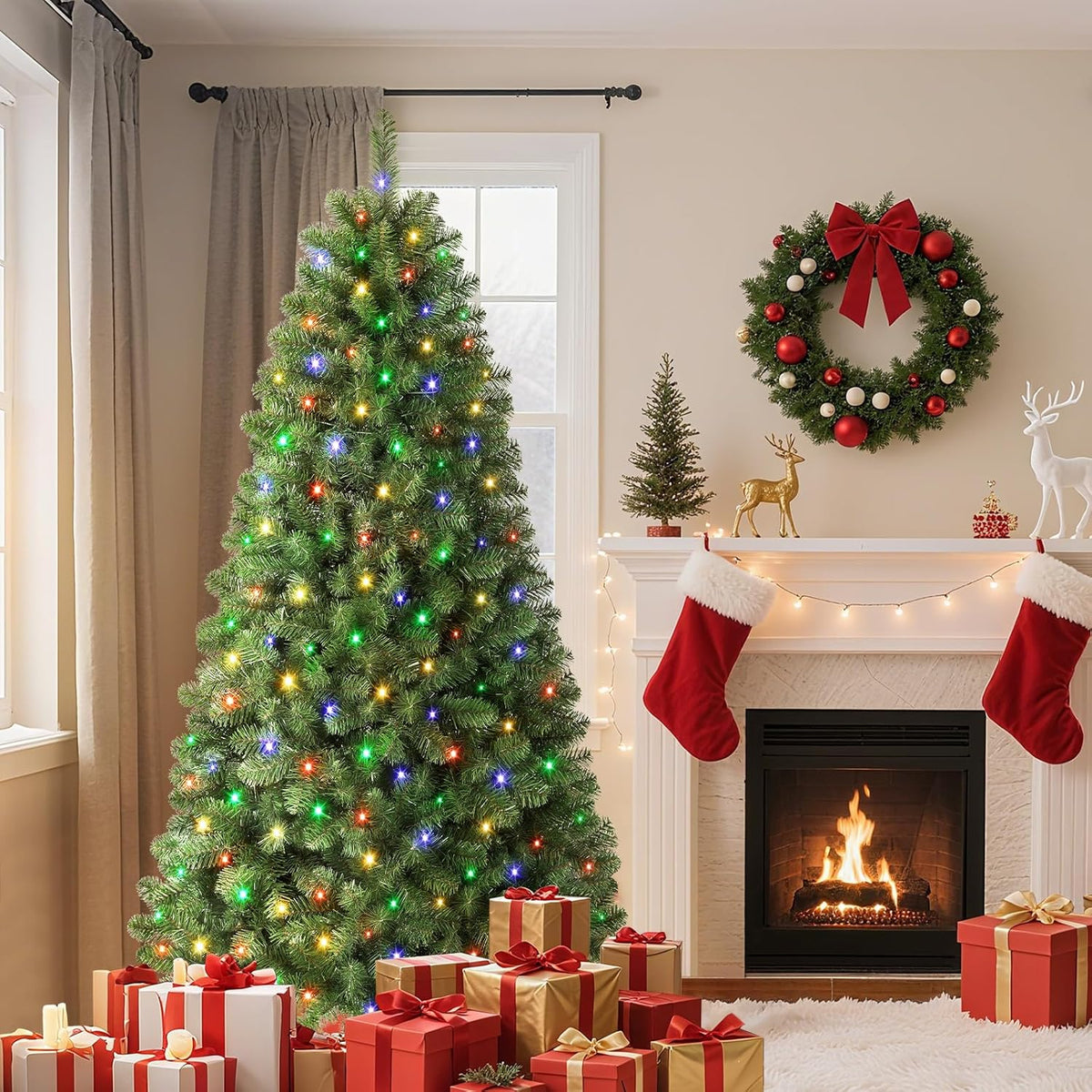SHareconn 7ft Prelit Premium Artificial Classic Spruce Christmas Tree, 300 Warm White & Color LED Changing Lights, 1020 Branch Tips, Perfect Choice for Xmas Decoration,7 FT image 6