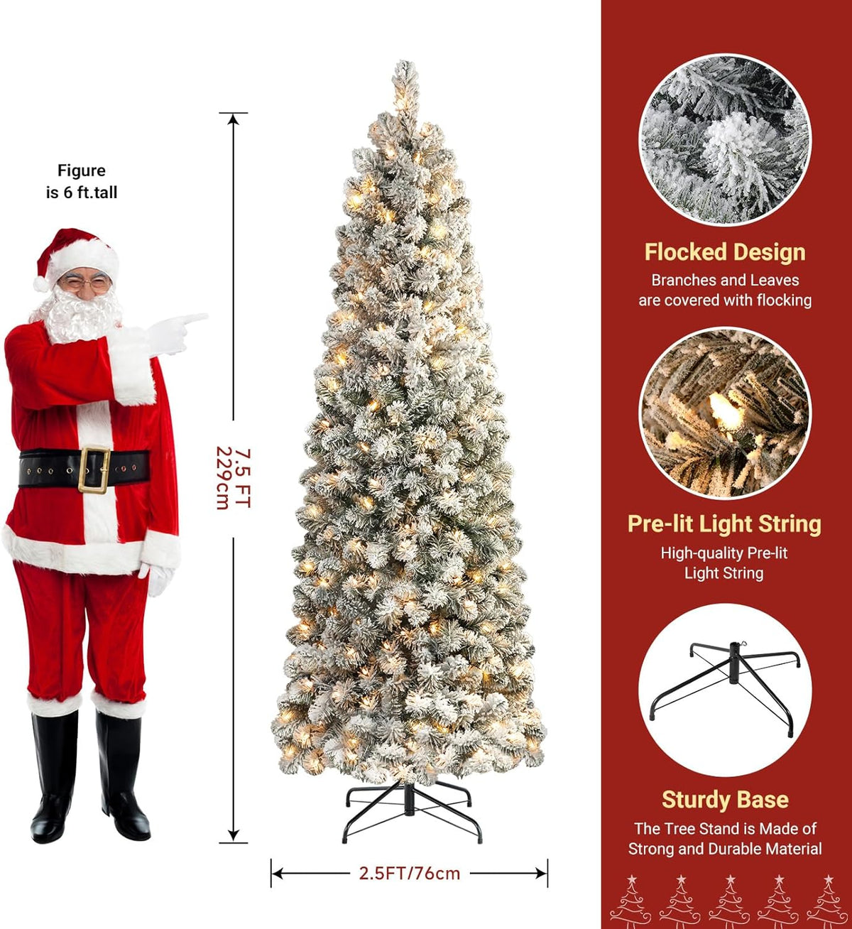SHareconn 7.5ft Prelit Snow Flocked Artificial Hinged Slim Pencil Christmas Tree with Warm White Lights, Flocked Pencil Spruce Tree, Good Decoration Choice for Christmas Holiday, 7.5 FT, Flocked Green image 3