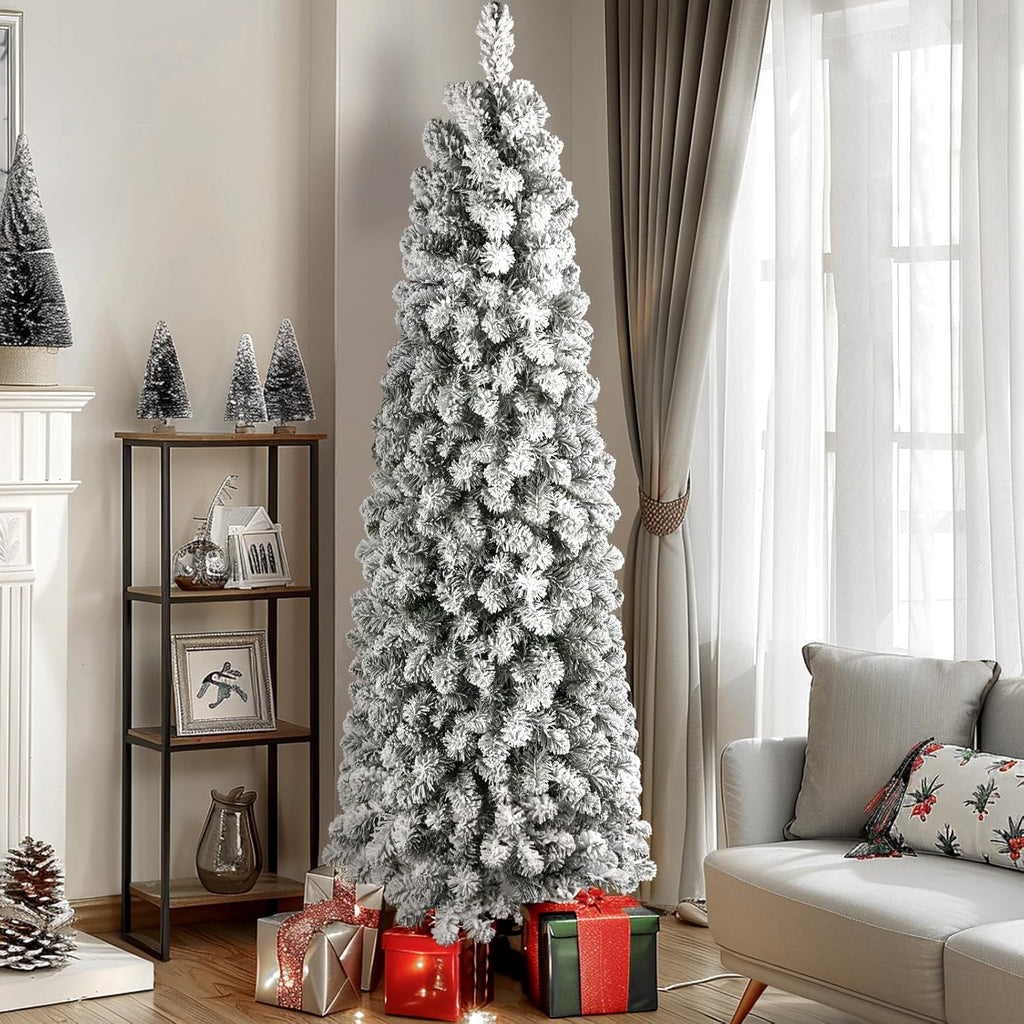 SHareconn 7.5ft Prelit Snow Flocked Artificial Hinged Slim Pencil Christmas Tree with Warm White Lights, Flocked Pencil Spruce Tree, Good Decoration Choice for Christmas Holiday, 7.5 FT, Flocked Green image 6