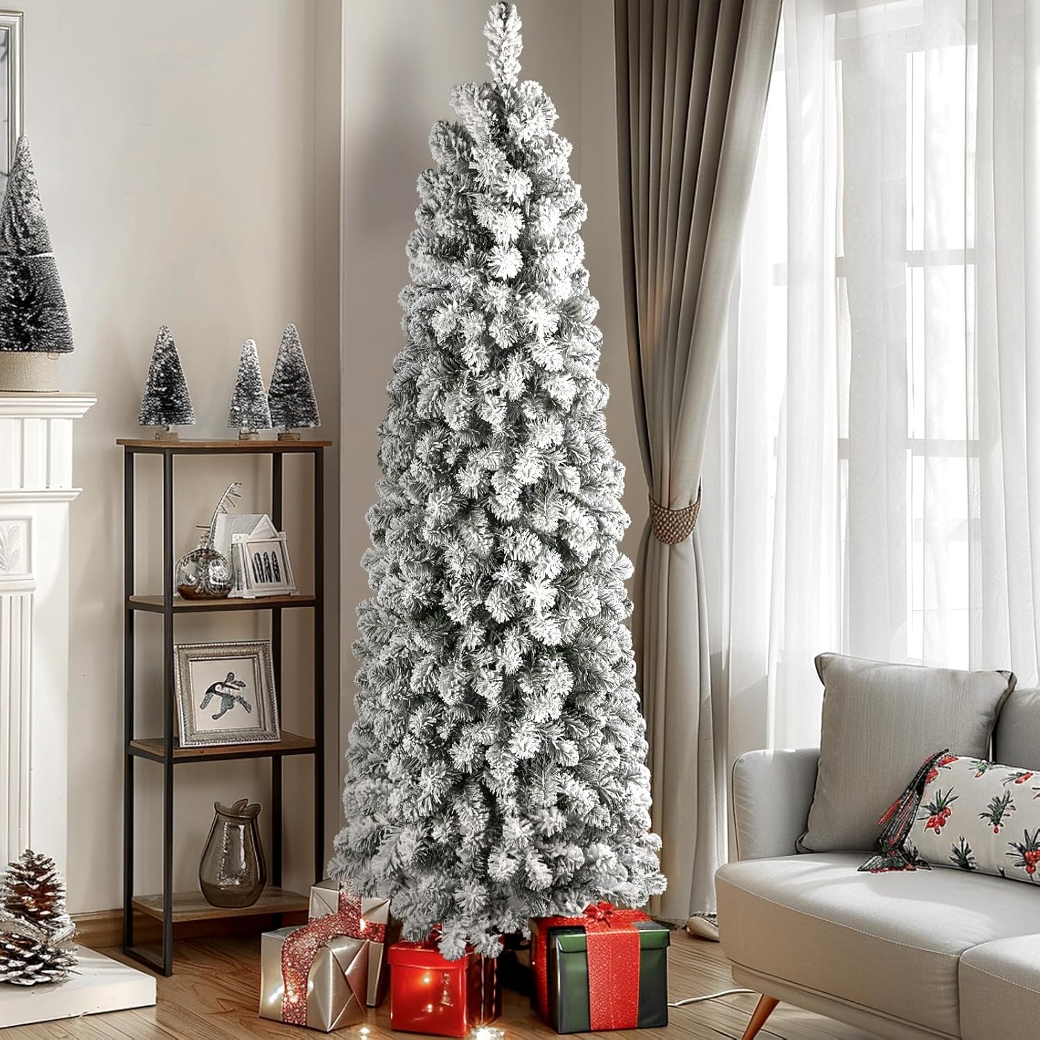 SHareconn 7.5ft Prelit Snow Flocked Artificial Hinged Slim Pencil Christmas Tree with Warm White Lights, Flocked Pencil Spruce Tree, Good Decoration Choice for Christmas Holiday, 7.5 FT, Flocked Green image 6