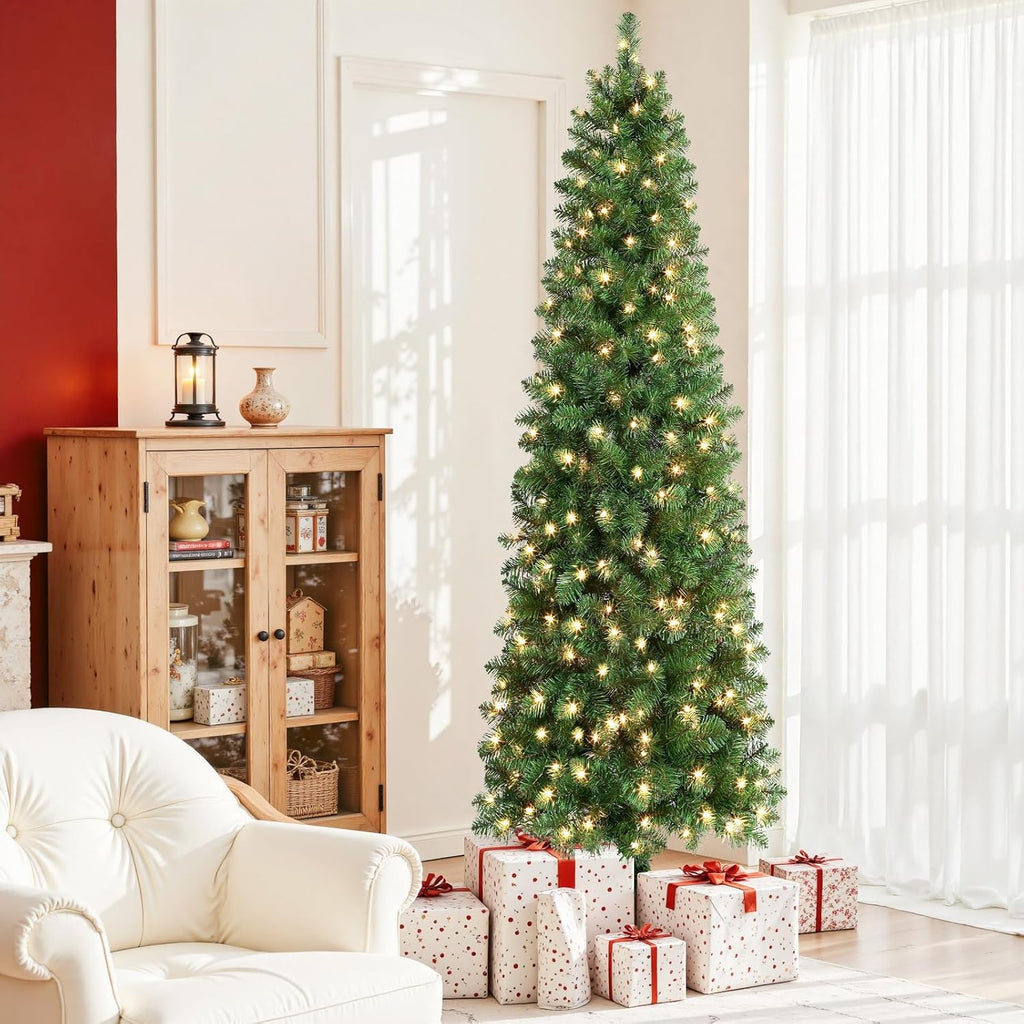 SHareconn 6ft Prelit Artificial Hinged Slim Pencil Christmas Tree with Warm White Lights, Full Branch Tips, Good Choice Decoration for Xmas Holiday, 6 FT, Green image 5