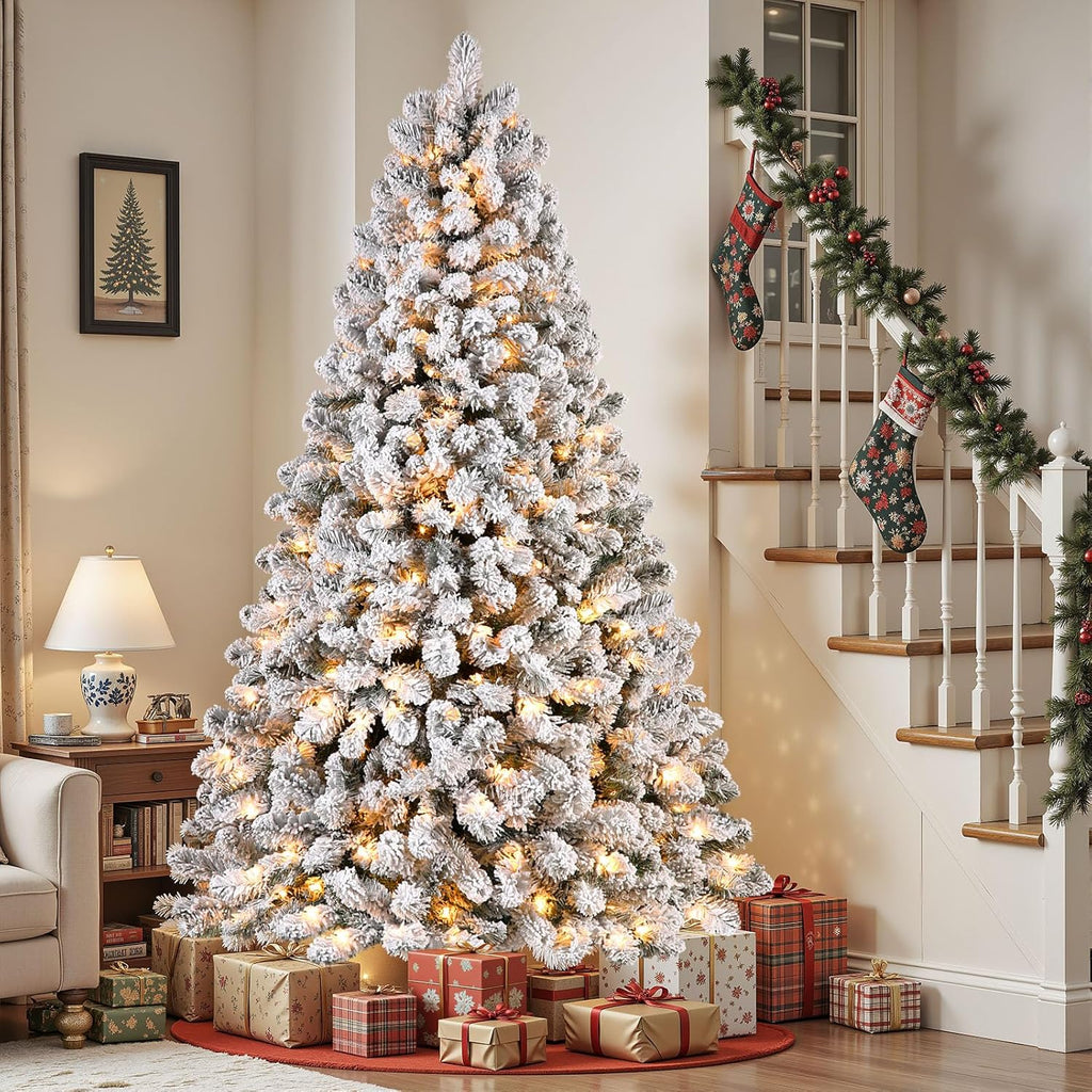 SHareconn 7.5ft Prelit Snow Flocked Spruce Artificial Christmas Tree with 350 Incandescent Warm White Lights, Foldable Stand, Snow Flocked Full Prelighted Xmas Tree W/1170 Branch Tips, 7.5 FT, White image 2