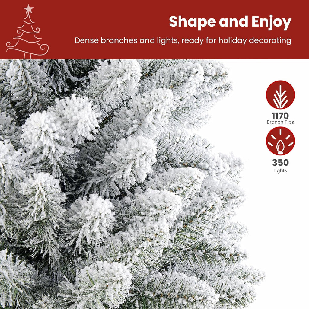 SHareconn 7.5ft Prelit Snow Flocked Spruce Artificial Christmas Tree with 350 Incandescent Warm White Lights, Foldable Stand, Snow Flocked Full Prelighted Xmas Tree W/1170 Branch Tips, 7.5 FT, White image 3