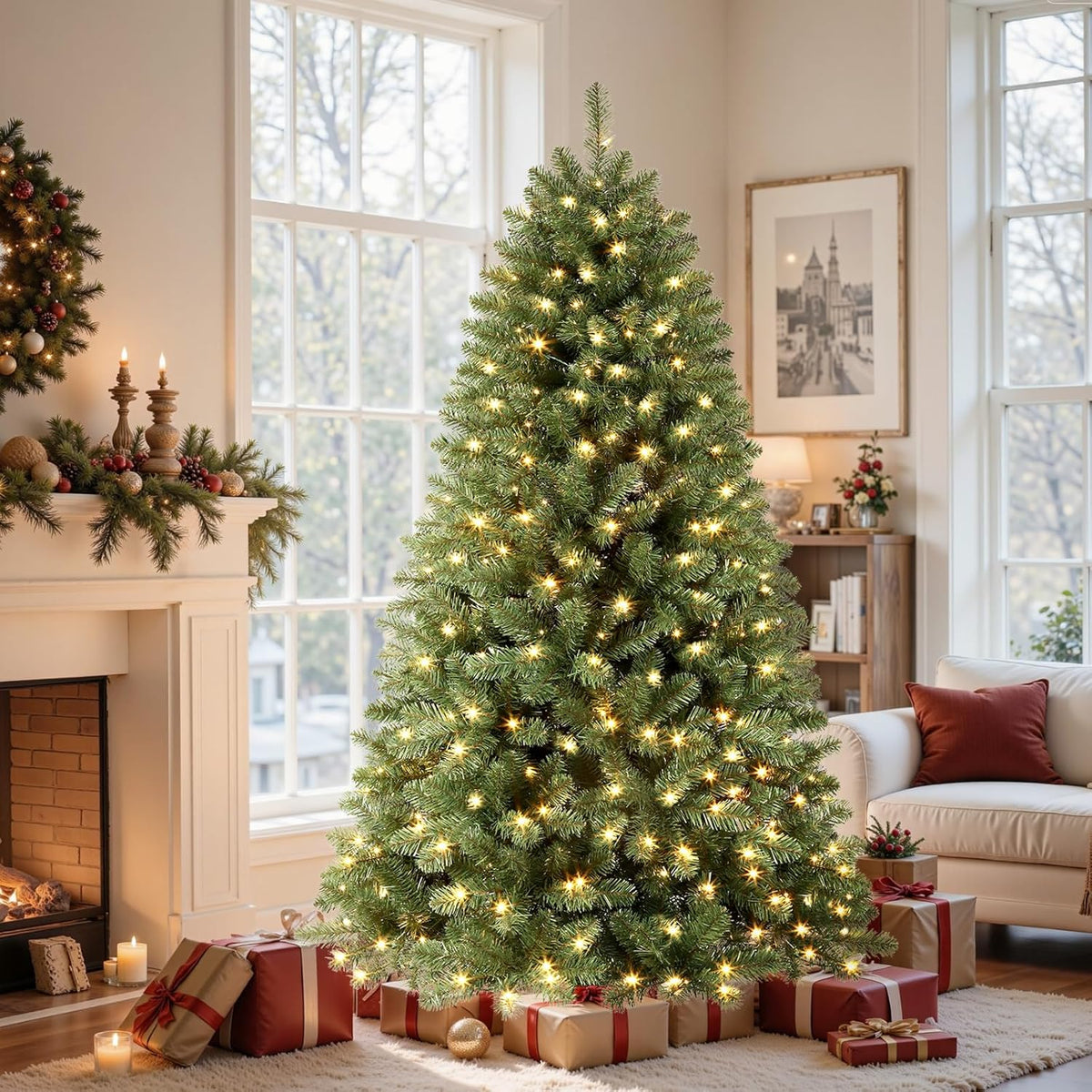 SHareconn 7.5ft Prelit Premium Artificial Classic Spruce Christmas Tree with Pre-lit 350 Warm White Lights, 1170 Branch Tips and Foldable Stand, Perfect Choice for Xmas Decoration, 7.5 Ft, Green image 2