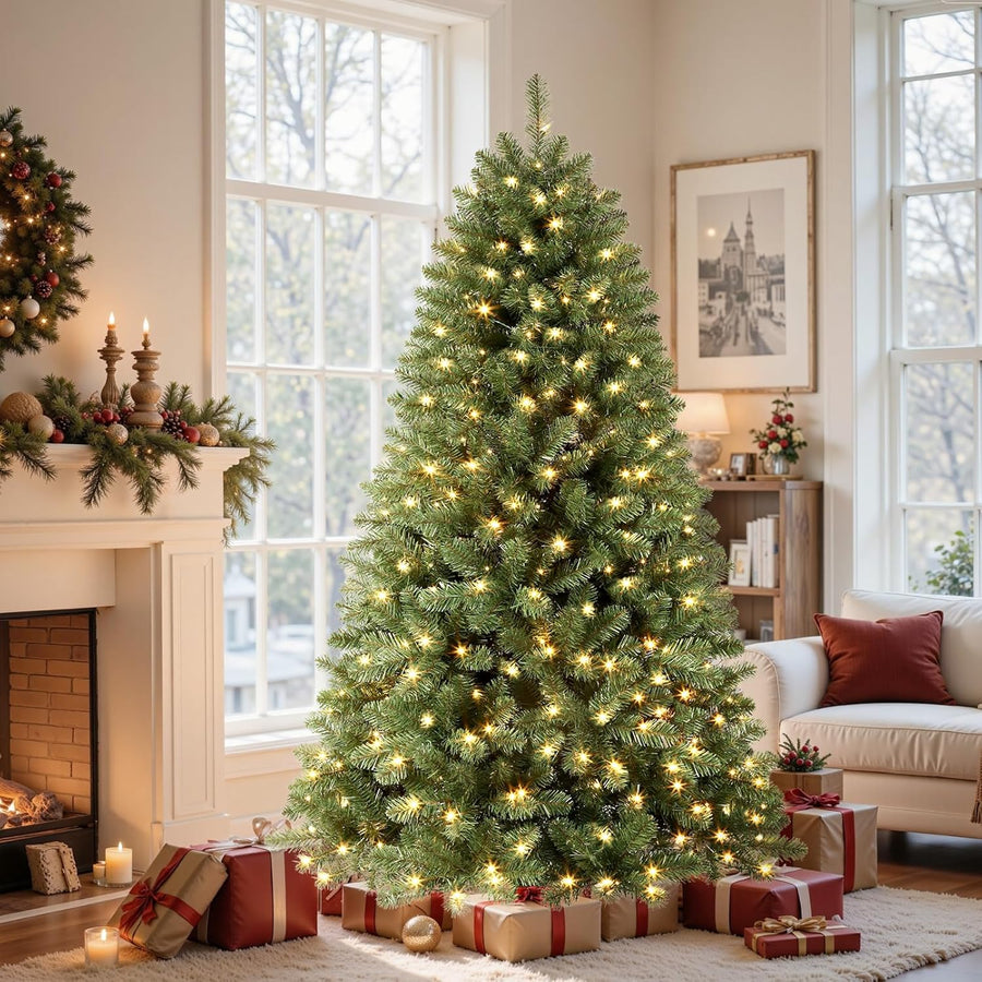 ShopNEW 7.5 ft Pre-Lit Classic Spruce Christmas Tree - Warm White Lights, Green