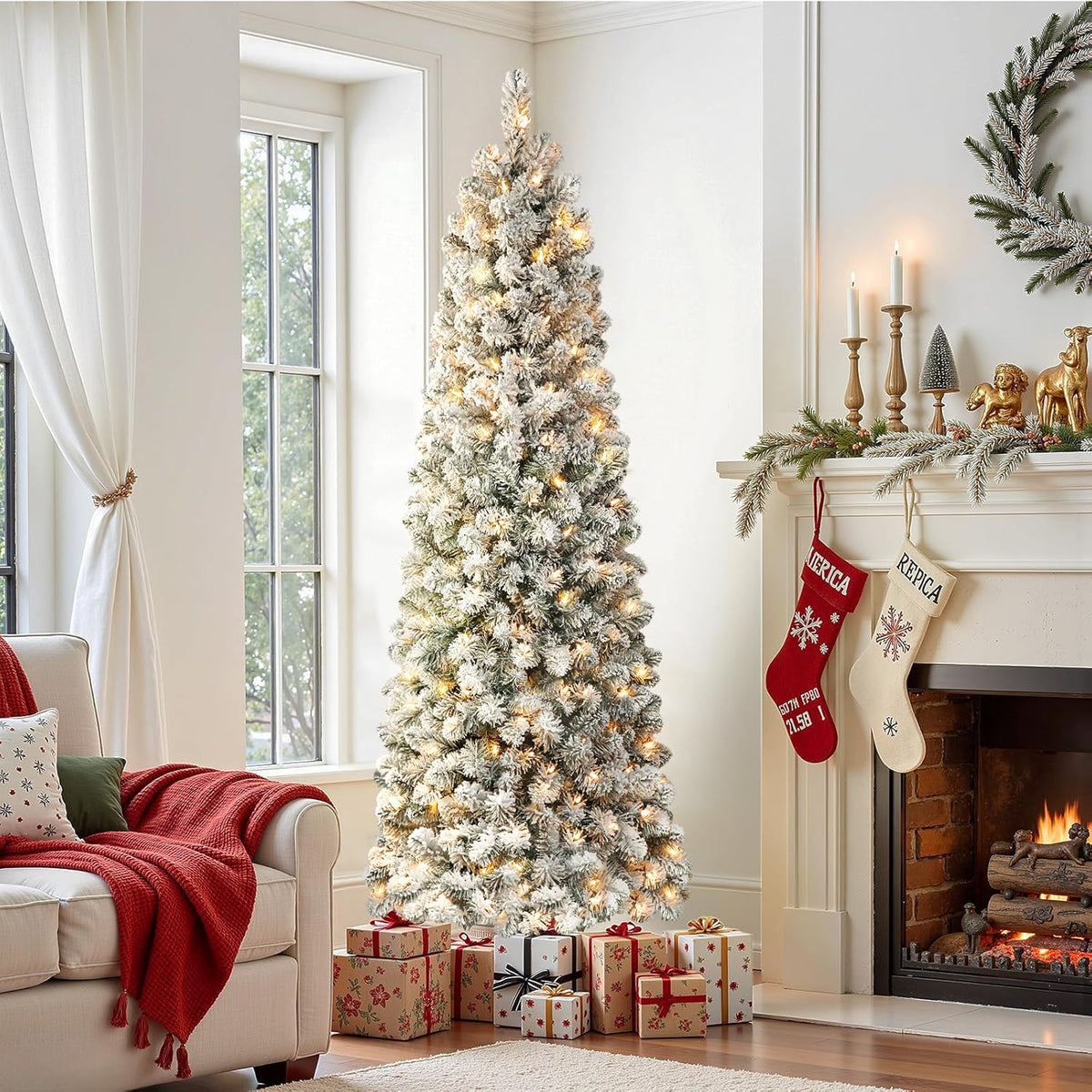 SHareconn 7.5ft Prelit Snow Flocked Artificial Hinged Slim Pencil Christmas Tree with Warm White Lights, Flocked Pencil Spruce Tree, Good Decoration Choice for Christmas Holiday, 7.5 FT, Flocked Green image 4