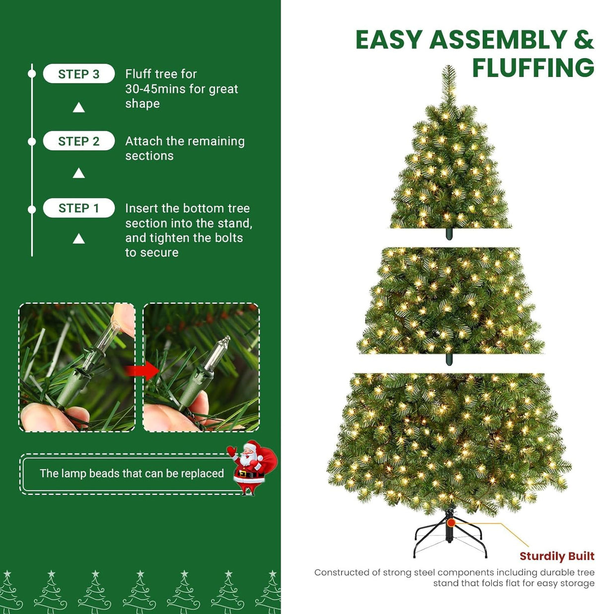 SHareconn 7.5ft Prelit Premium Artificial Classic Spruce Christmas Tree with Pre-lit 350 Warm White Lights, 1170 Branch Tips and Foldable Stand, Perfect Choice for Xmas Decoration, 7.5 Ft, Green image 4