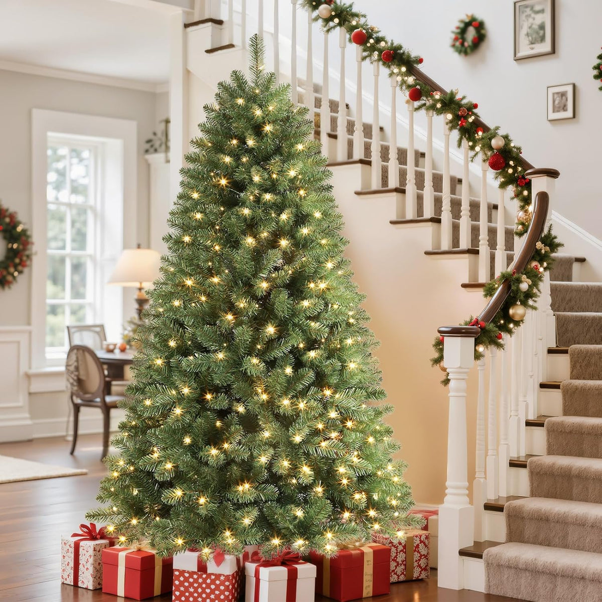 SHareconn 7.5ft Prelit Premium Artificial Classic Spruce Christmas Tree with Pre-lit 350 Warm White Lights, 1170 Branch Tips and Foldable Stand, Perfect Choice for Xmas Decoration, 7.5 Ft, Green image 5