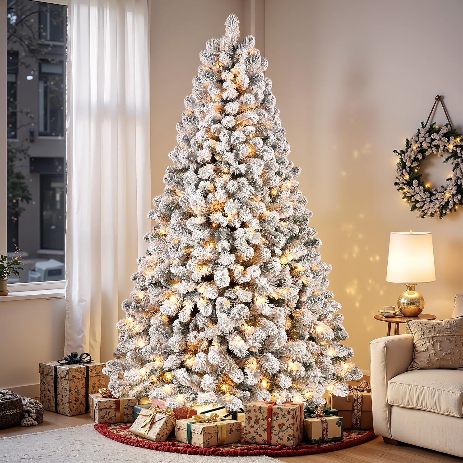 SHareconn 7.5ft Prelit Snow Flocked Spruce Artificial Christmas Tree with 350 Incandescent Warm White Lights, Foldable Stand, Snow Flocked Full Prelighted Xmas Tree W/1170 Branch Tips, 7.5 FT, White image 5