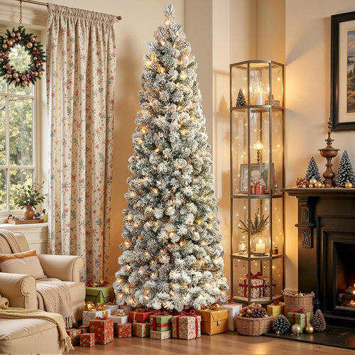 SHareconn 7.5ft Prelit Snow Flocked Artificial Hinged Slim Pencil Christmas Tree with Warm White Lights, Flocked Pencil Spruce Tree, Good Decoration Choice for Christmas Holiday, 7.5 FT, Flocked Green image 1