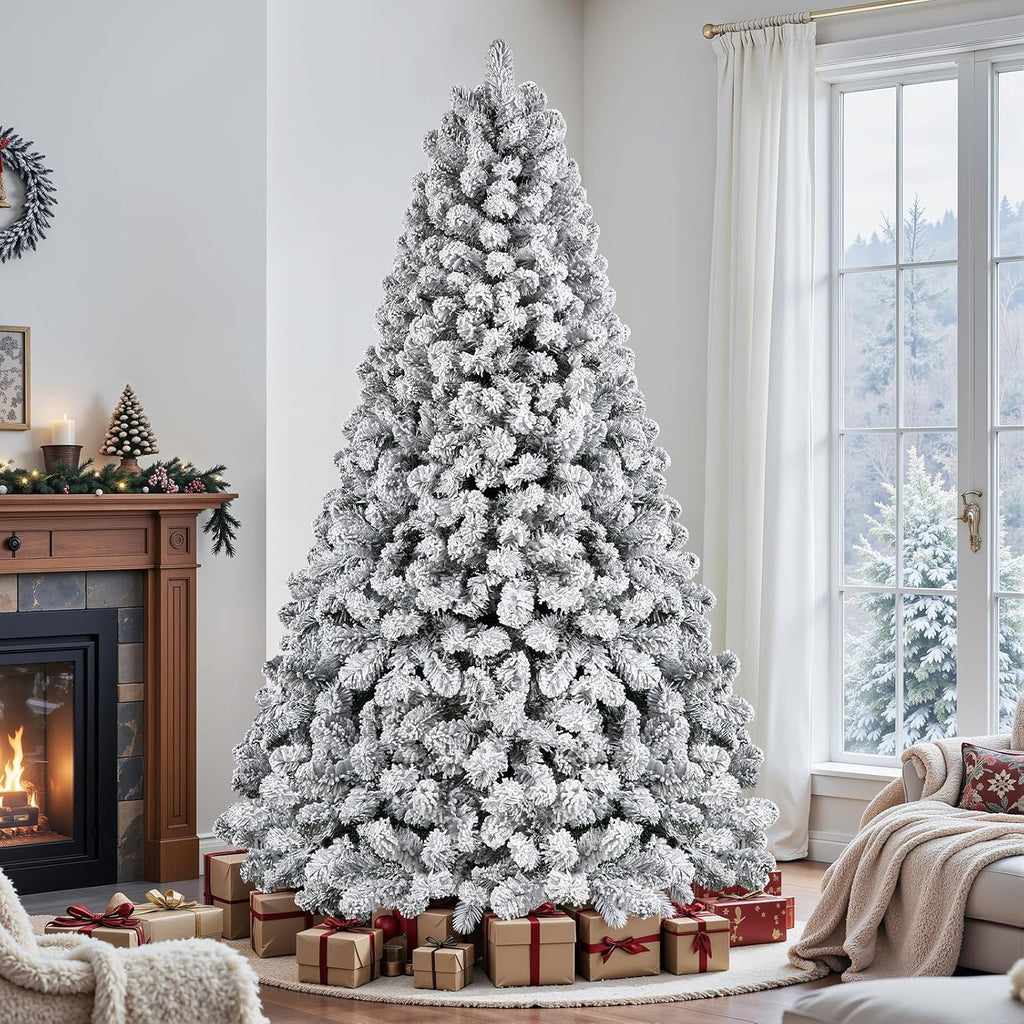 SHareconn 7.5ft Prelit Snow Flocked Spruce Artificial Christmas Tree with 350 Incandescent Warm White Lights, Foldable Stand, Snow Flocked Full Prelighted Xmas Tree W/1170 Branch Tips, 7.5 FT, White image 6