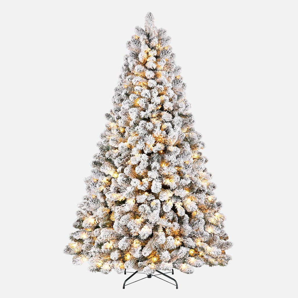 SHareconn 7.5ft Prelit Snow Flocked Spruce Artificial Christmas Tree with 350 Incandescent Warm White Lights, Foldable Stand, Snow Flocked Full Prelighted Xmas Tree W/1170 Branch Tips, 7.5 FT, White image 7