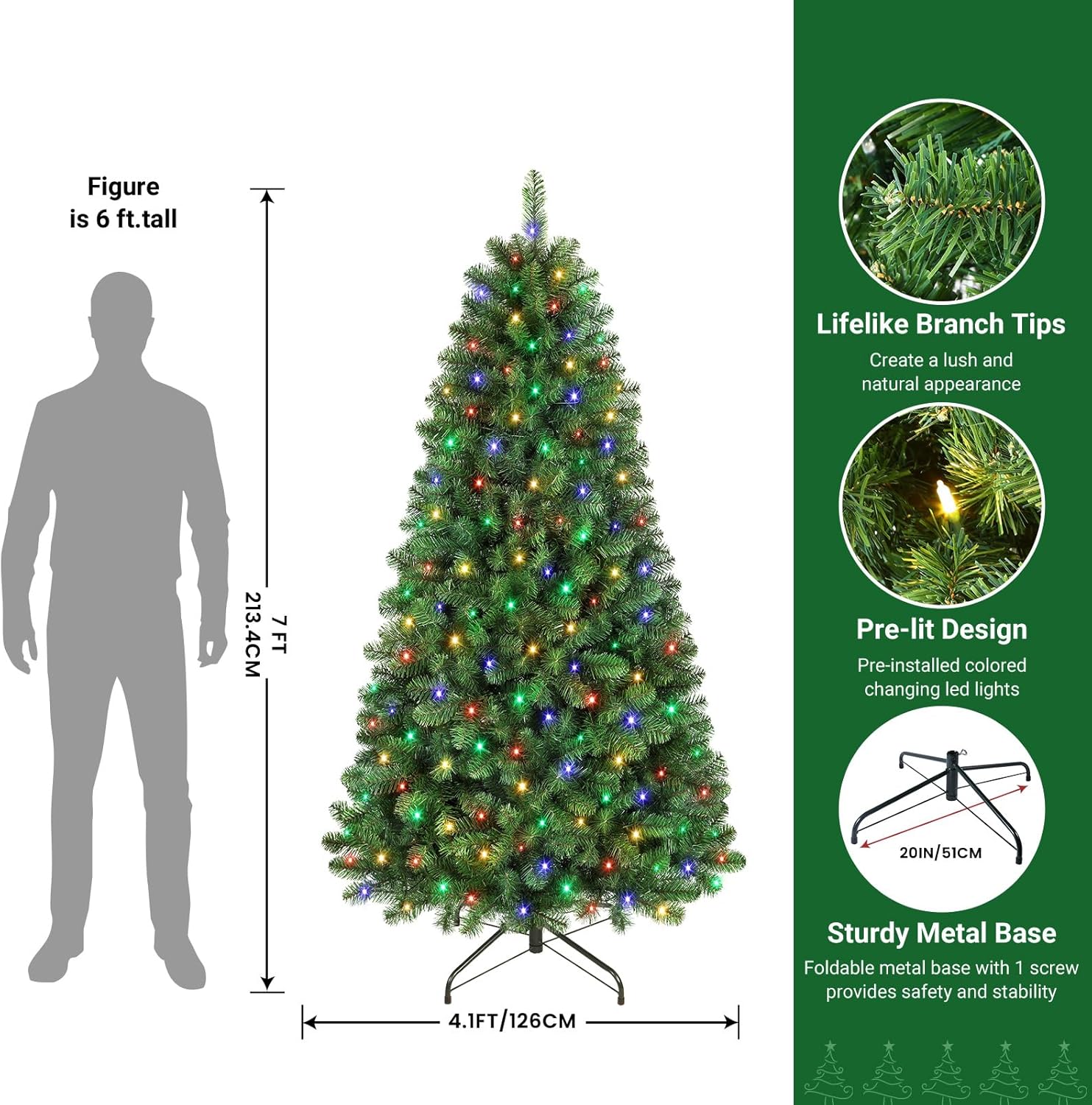 SHareconn 7ft Prelit Premium Artificial Classic Spruce Christmas Tree, 300 Warm White & Color LED Changing Lights, 1020 Branch Tips, Perfect Choice for Xmas Decoration,7 FT image 1