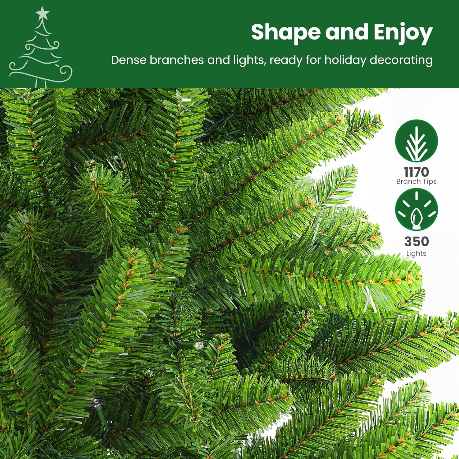 SHareconn 7.5ft Prelit Premium Artificial Classic Spruce Christmas Tree with Pre-lit 350 Warm White Lights, 1170 Branch Tips and Foldable Stand, Perfect Choice for Xmas Decoration, 7.5 Ft, Green image 3