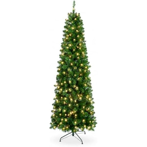 Slim green Christmas tree with warm white lights and a stand on a white background.