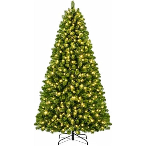 Green artificial Christmas tree with warm white lights and a stand on a white background.