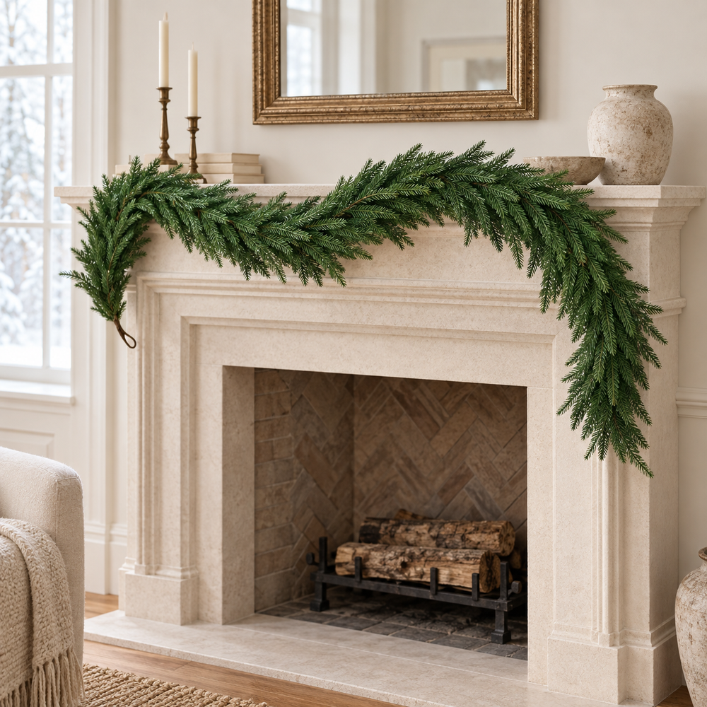 Norfolk pine garland draped across a cream fireplace mantel. AI-generated product styling image based on the original Amazon product image; accessories shown are styling props.