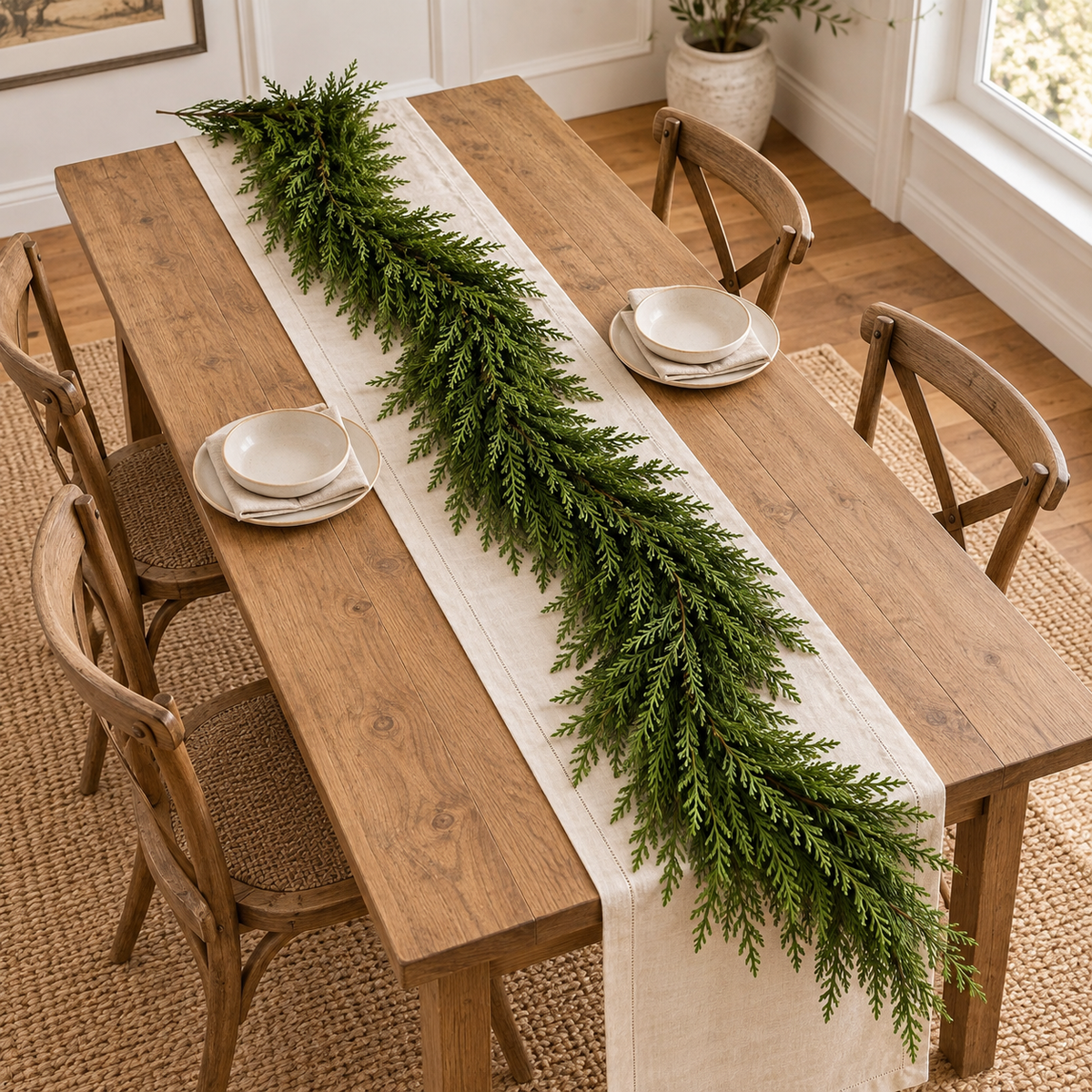 Artificial cedar garland styled as greenery along an oak dining table. AI-generated product styling image based on the original Amazon product image; accessories shown are styling props.