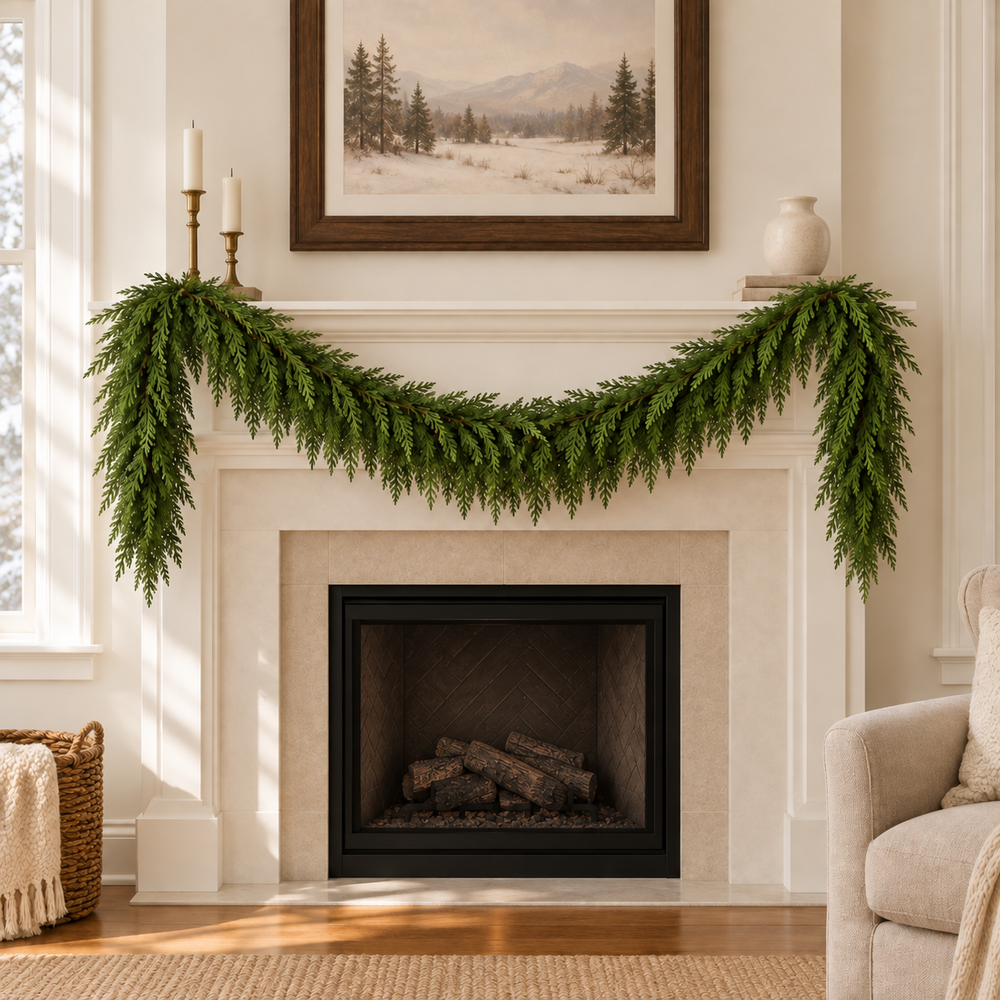 Artificial cedar garland draped over an ivory fireplace mantel. AI-generated product styling image based on the original Amazon product image; accessories shown are styling props.