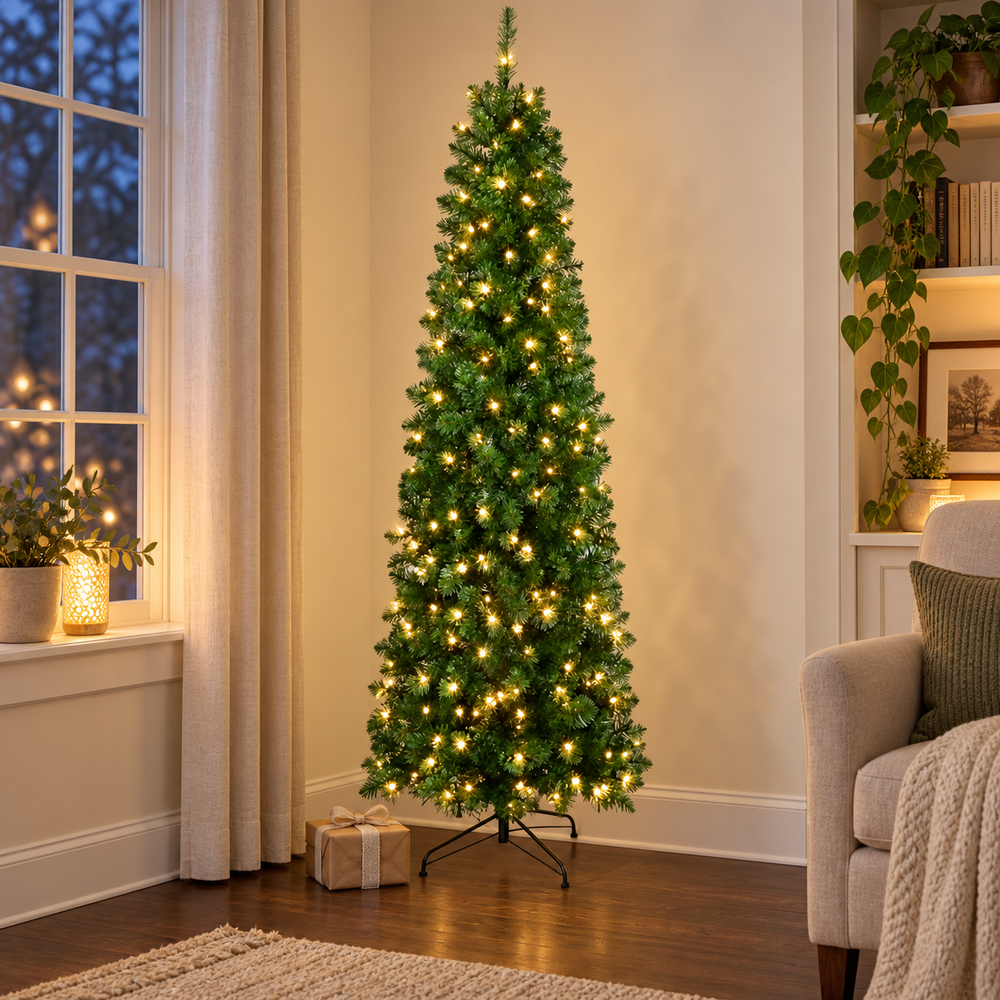 AI-generated reading-corner styling illustration of the ShopNEW 6.5 ft green pencil Christmas tree with warm white lights; room accessories not included.
