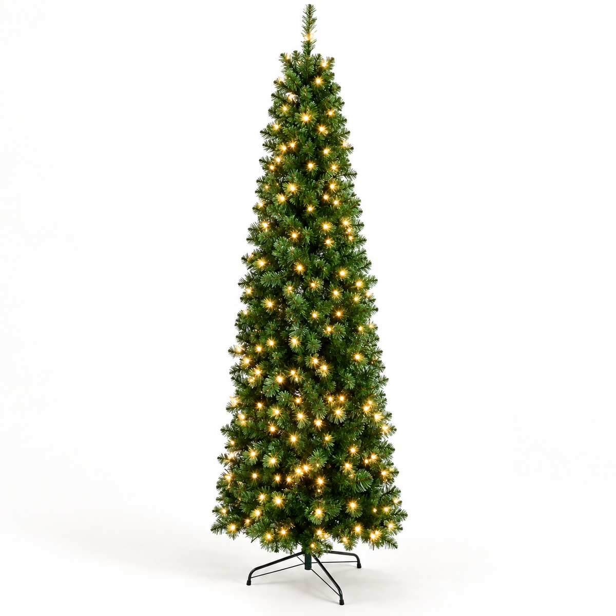 AI-generated studio illustration based on the ShopNEW 6.5 ft green pencil Christmas tree, showing warm white lights and its folding stand.