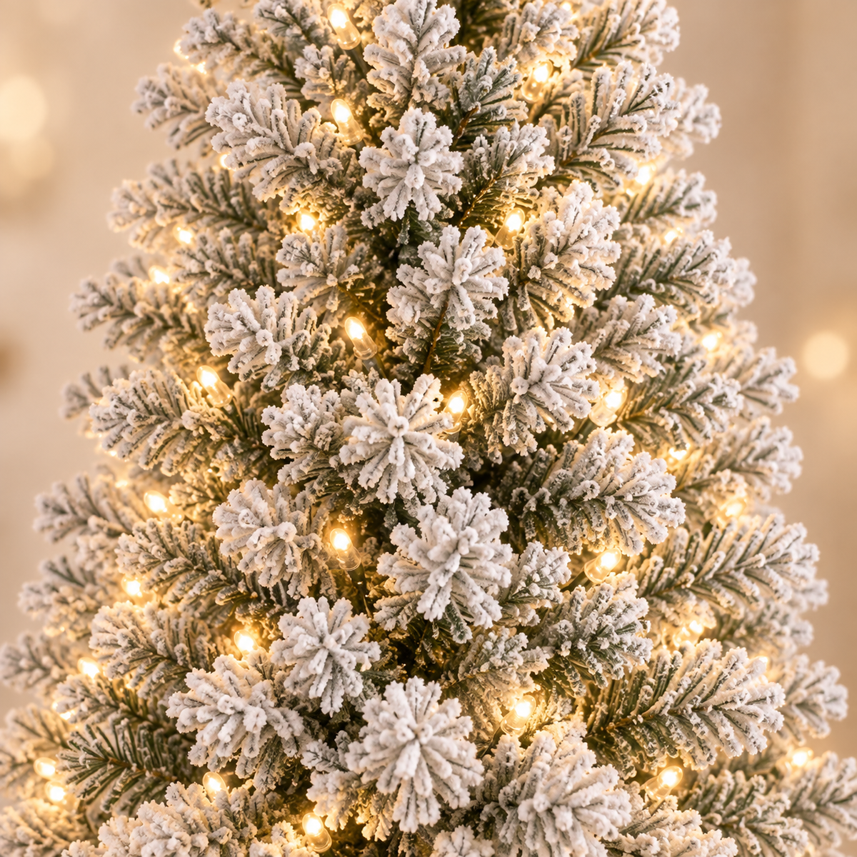 AI-generated detail illustration of the flocked branches and warm white lighting of the ShopNEW pencil tree, based on its product reference.