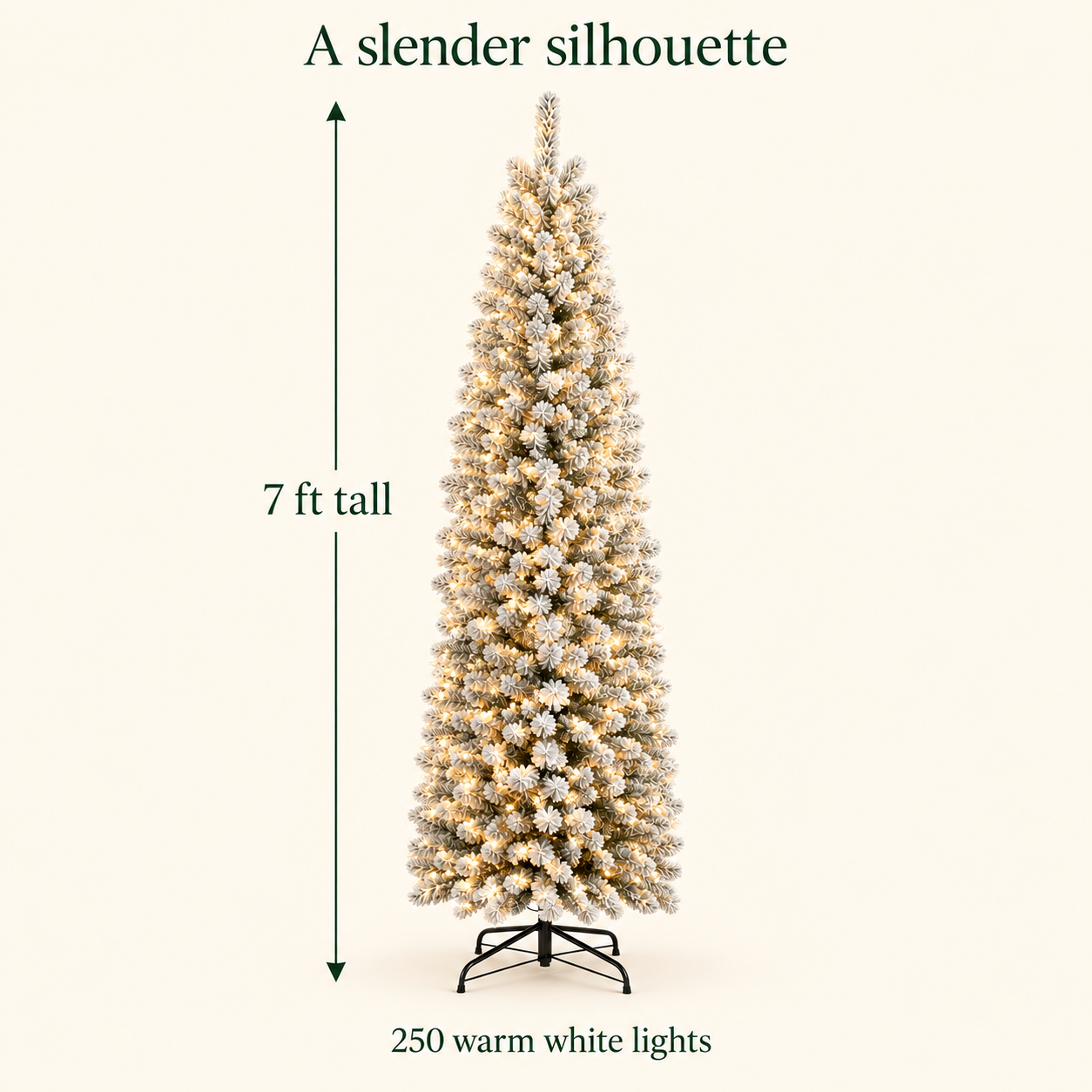AI-generated height illustration of the ShopNEW flocked pencil tree with its confirmed 7 ft height; no width is specified.