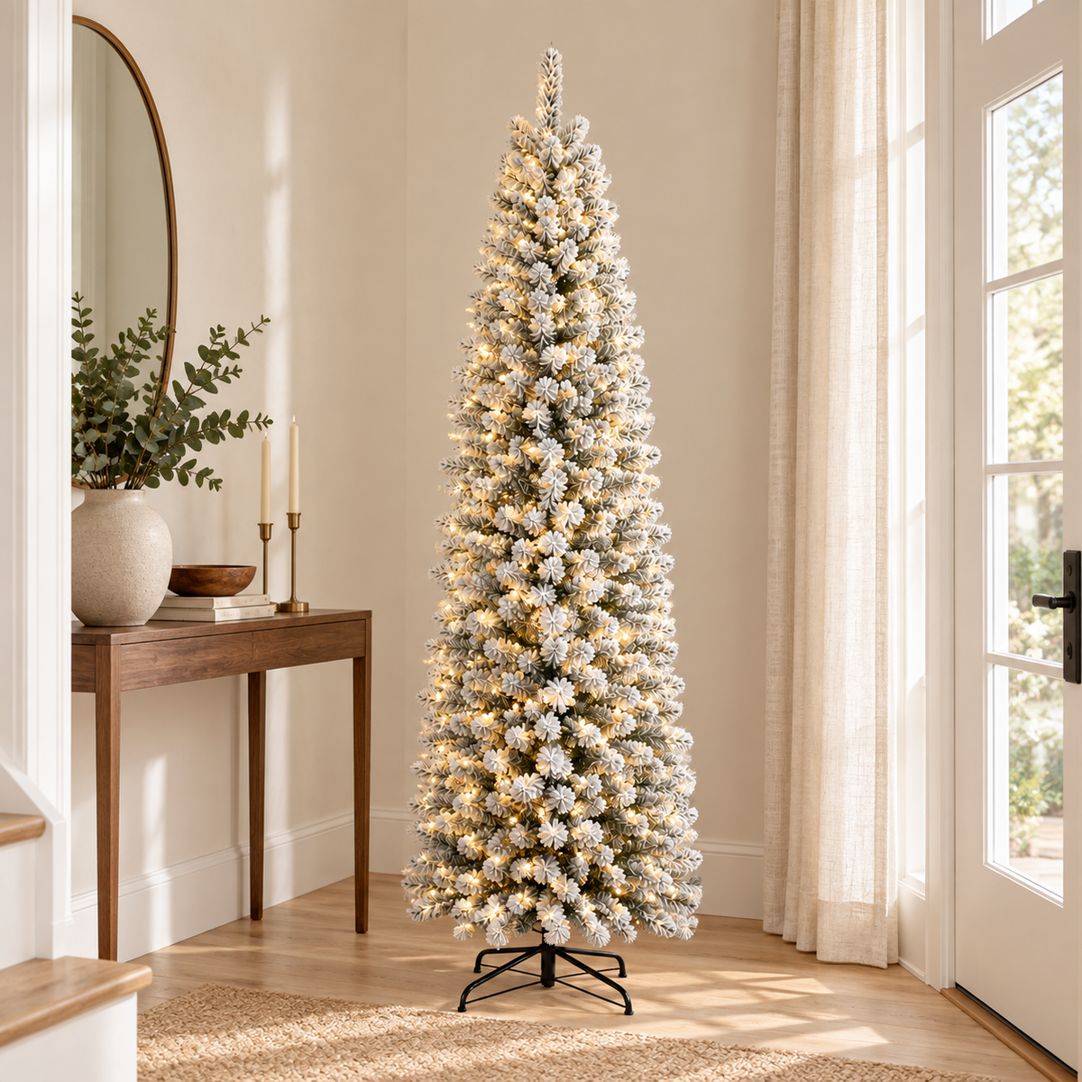 AI-generated styling illustration of the ShopNEW flocked pencil tree in a bright entryway; furnishings are not included.