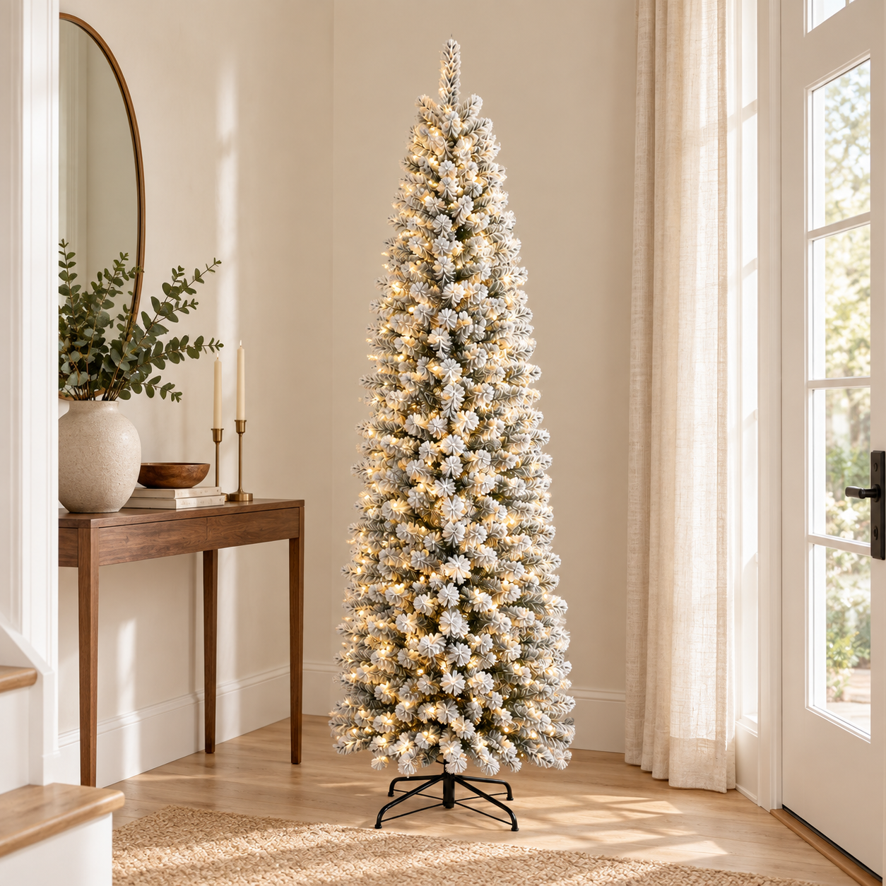 AI-generated styling illustration of the ShopNEW flocked pencil tree in a bright entryway; furnishings are not included.