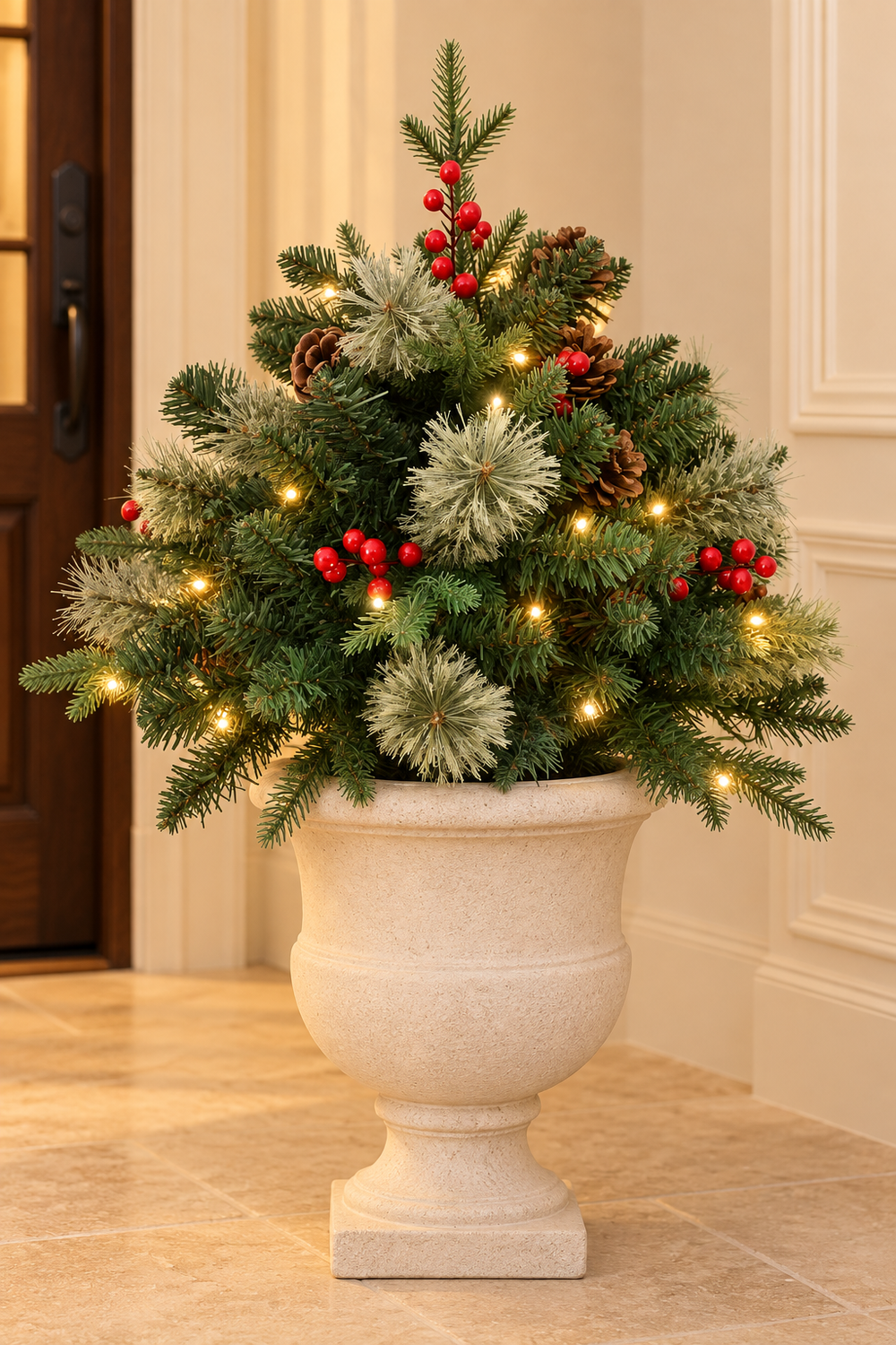 AI-generated styling scene of the Christmas urn filler in warm-white lighting mode. Containers and room accessories are illustrative. See product details for confirmed package contents.