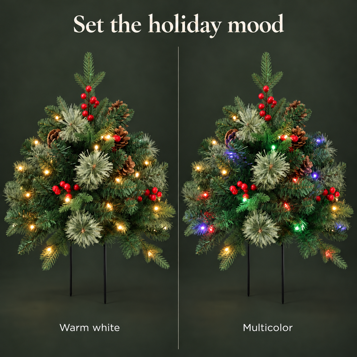 Side-by-side illustration of warm-white and multicolor lighting options on the same urn filler. AI-generated comparison based on the original product image.