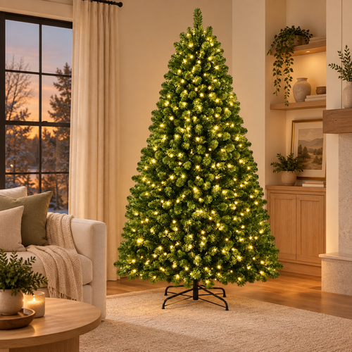 AI-generated styling illustration of the ShopNEW 7 ft green tree with warm white lights in a quiet cream living room; furnishings are not included.