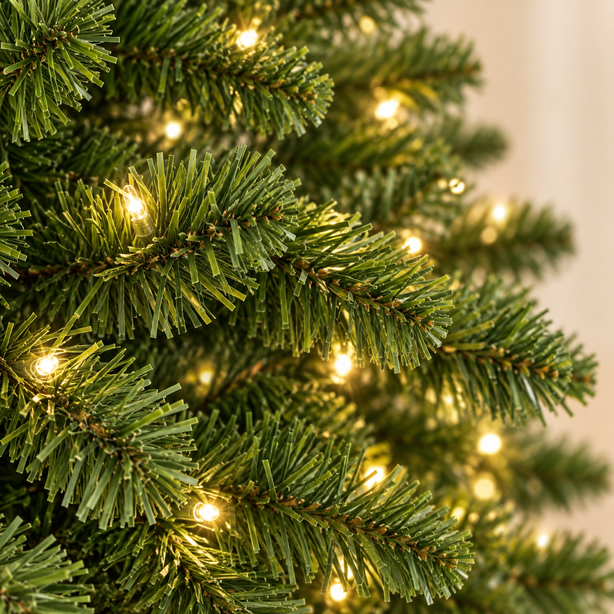 AI-generated detail illustration of the green branches and warm white lighting of the ShopNEW Christmas tree, based on the product reference.
