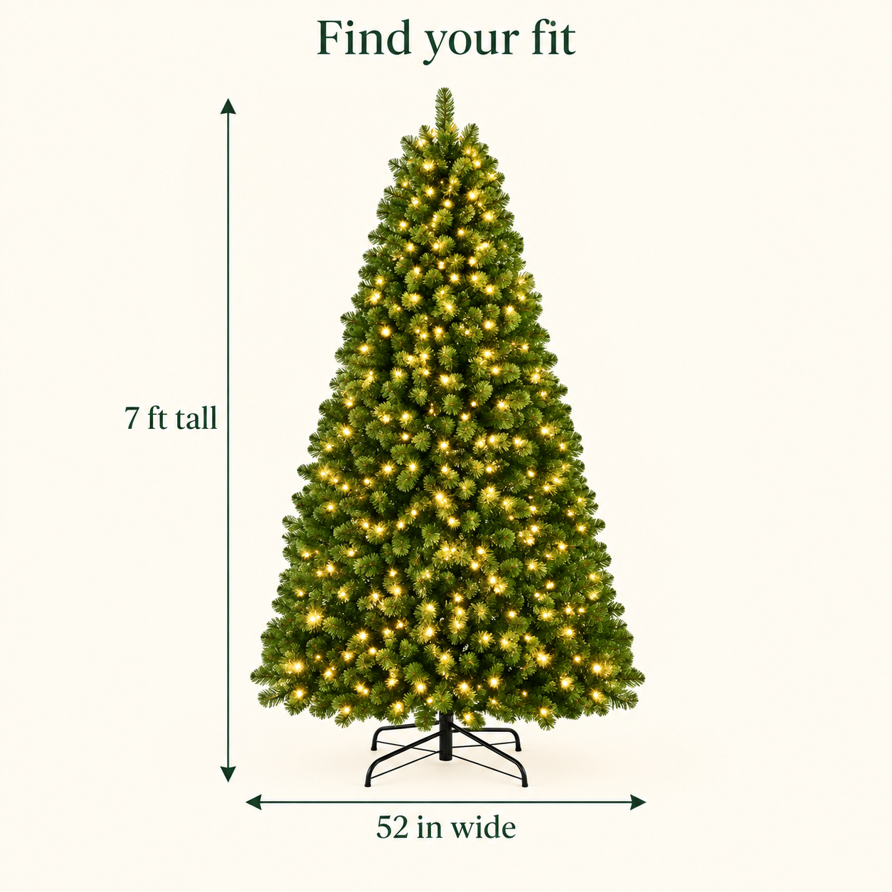 AI-generated size illustration of the ShopNEW tree, showing the confirmed 7 ft height and 52 in width; tree shaping affects the final silhouette.