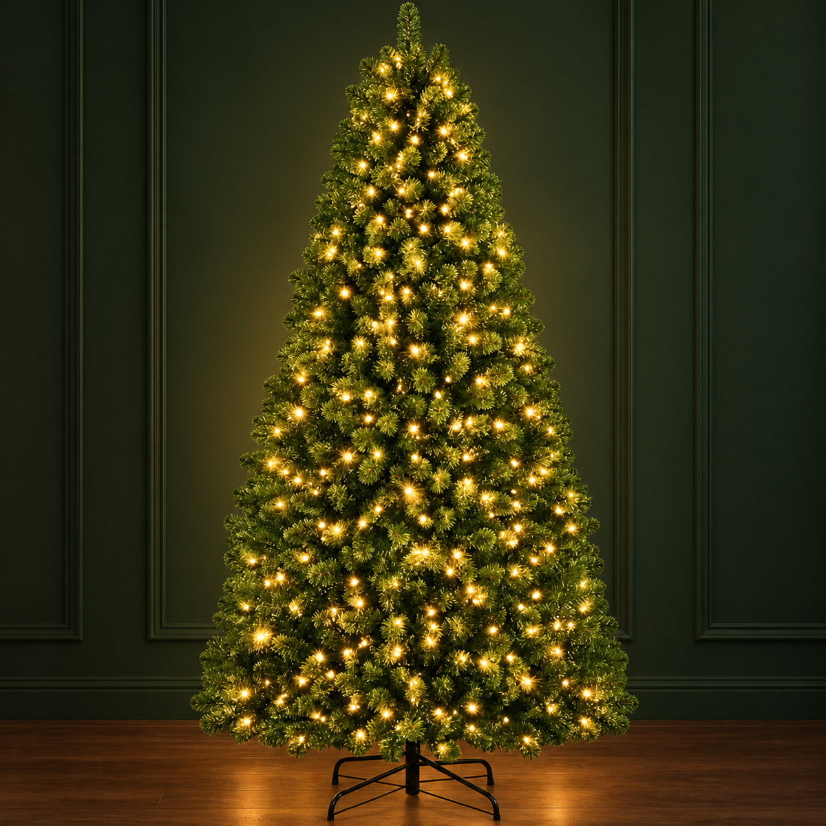 AI-generated evening styling illustration of the ShopNEW green tree with warm white lights; room furnishings are not included.