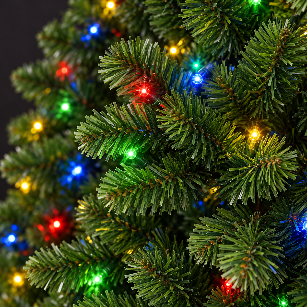 AI-generated detail illustration of the green branches and multicolor lighting of the ShopNEW remote-and-timer tree, based on its product reference.