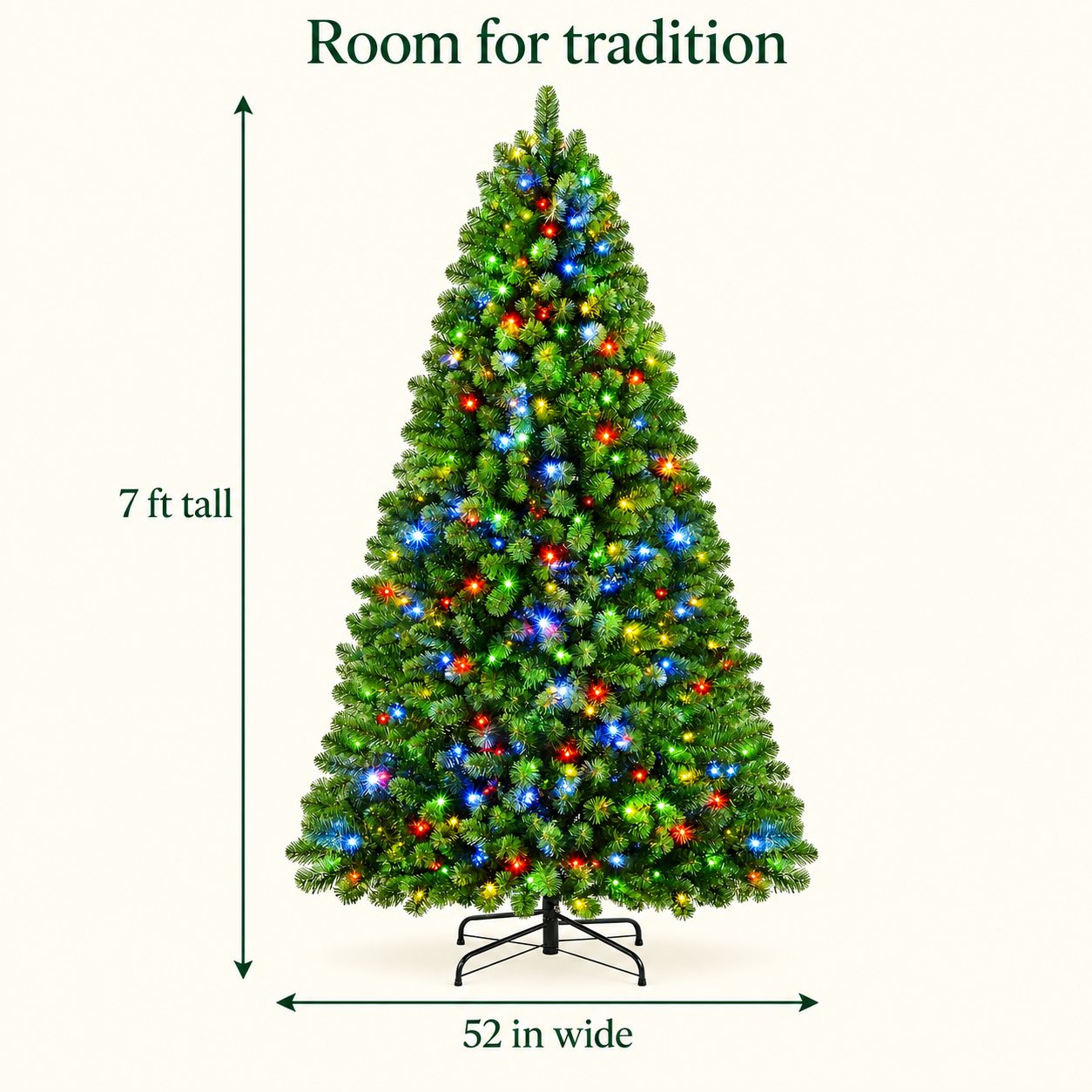 AI-generated size illustration of the ShopNEW multicolor tree with its confirmed 7 ft height and 52 in width; tree shaping affects the final silhouette.