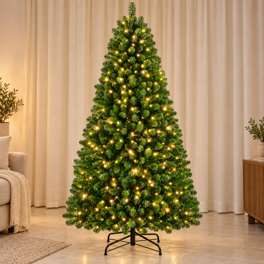 AI-generated styling illustration of the ShopNEW dual-color LED tree in warm white lighting mode; background furnishings are not included.